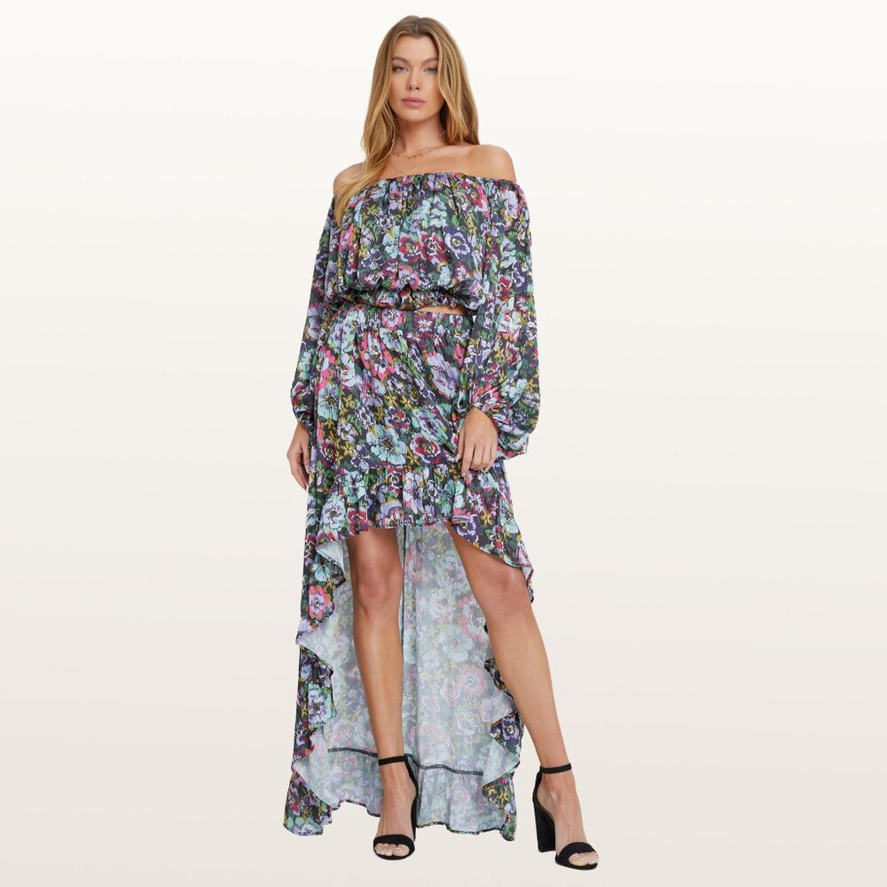 Floral Two Piece Set Off Shoulder High Low Skirt Set